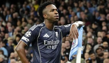 Vinicius Junior celebrates after scoring for Real Madrid at the Etihad