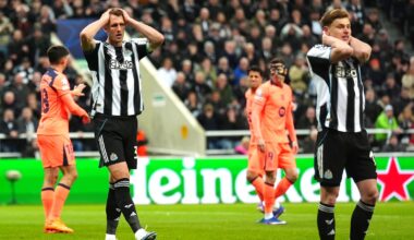 Newcastle United's Dan Burn and team-mate Harvey Barnes rue a missed chance