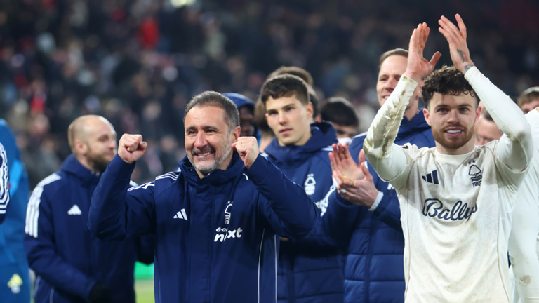 Vitor Pereira and Neco Williams celebrate after Nottingham Forest's penalty shootout win at Midtjylland