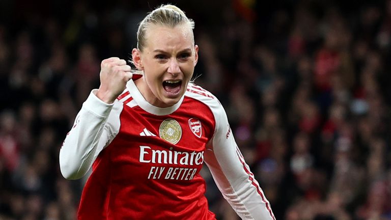 Stina Blackstenius celebrates heading Arsenal into a 1-0 lead against Chelsea in their Women's Champions League quarter-final first leg