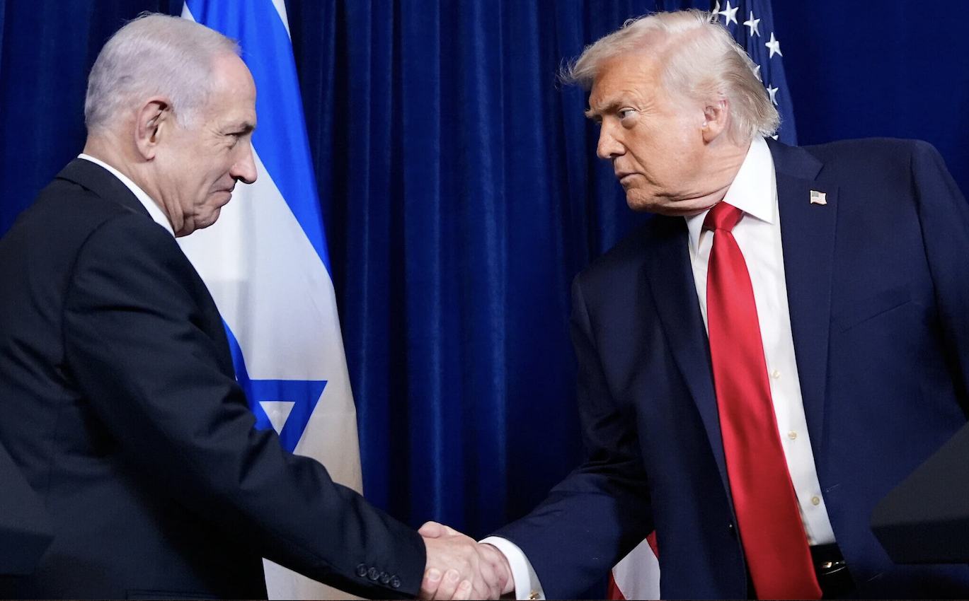 Donald Trump and Benjamin Netanyahu shaking hands in front of an Israeli flag.