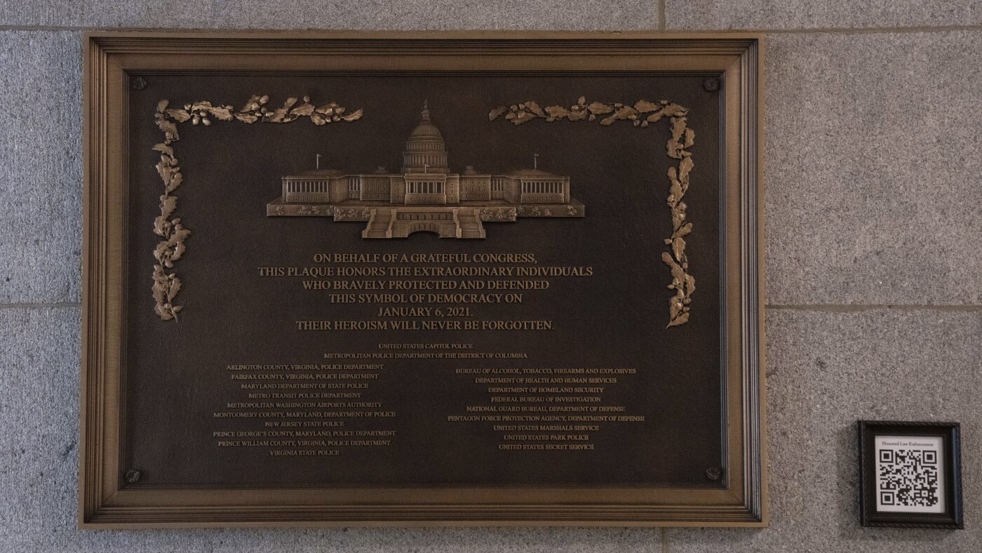 Jan. 6 plaque honoring police officers is now displayed at the Capitol after a 3-year delay : NPR