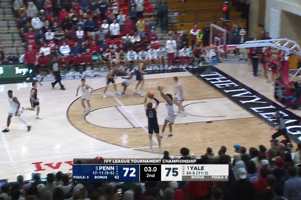 TJ Power attempts a 3-point for Penn during the Ivy League Tournament on March 15.