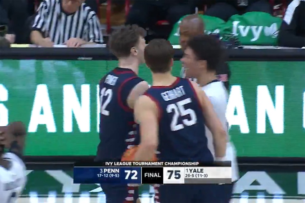 TJ Power (12) celebrates after hitting a 3-pointer during Penn's March 15 win.