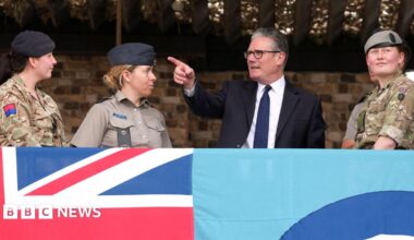 Sir Keir Starmer meets uniformed aircrew members during a visit to Taif Airbase in Saudi Arabia, 8 April.
