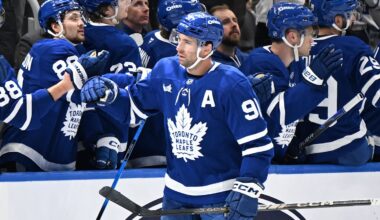 Mar 20, 2026; Toronto, Ontario, CAN;  Toronto Maple Leafs forward John Tavares (91) celebrates with team mates at the bench after scoring a goal against the Carolina Hurricanes in the second period at Scotiabank Arena. Mandatory Credit: Dan Hamilton-Imagn Images