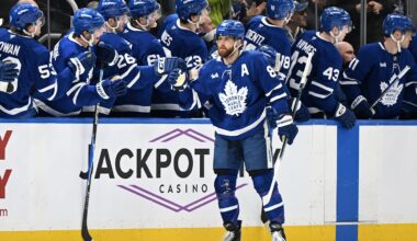 Apr 11, 2026; Toronto, Ontario, CAN;  Toronto Maple Leafs forward William Nylander (88) celebrates with teammates after scoring against the Florida Panthers in the second period at Scotiabank Arena. Mandatory Credit: Dan Hamilton-Imagn Images