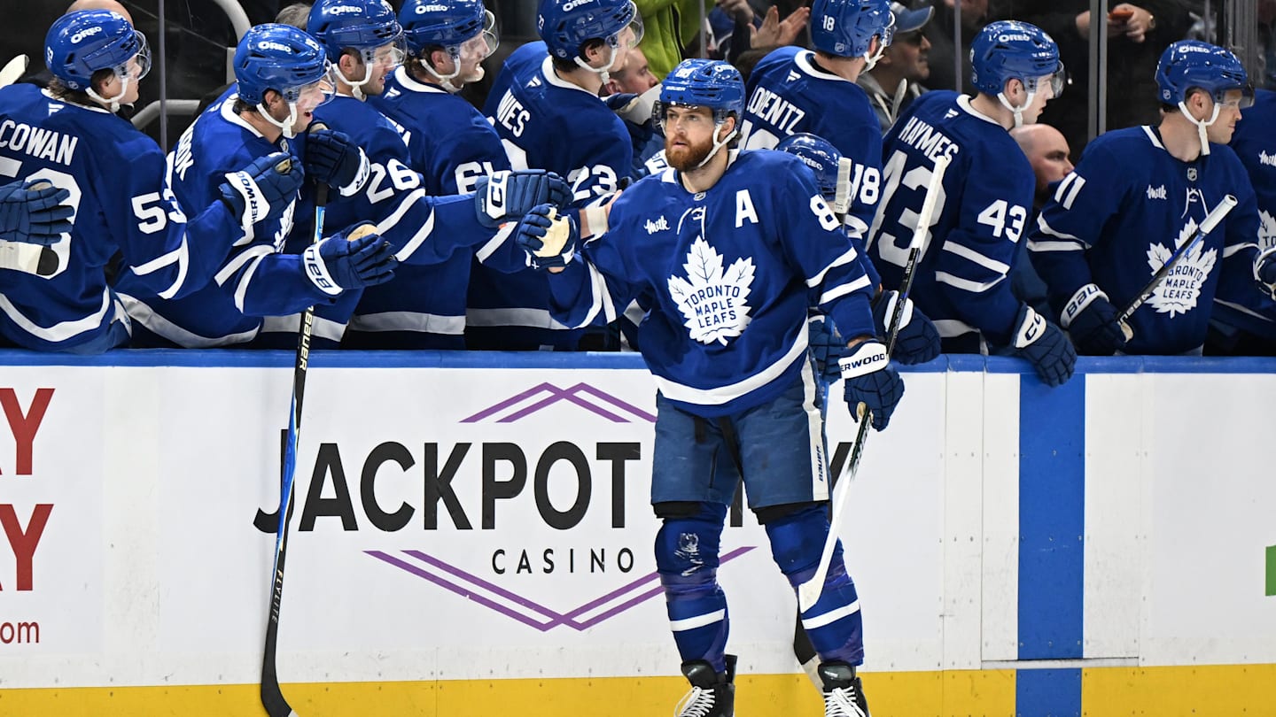 Apr 11, 2026; Toronto, Ontario, CAN;  Toronto Maple Leafs forward William Nylander (88) celebrates with teammates after scoring against the Florida Panthers in the second period at Scotiabank Arena. Mandatory Credit: Dan Hamilton-Imagn Images