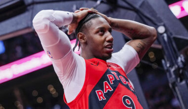 Apr 12, 2026; Toronto, Ontario, CAN; Toronto Raptors RJ Barrett (9) reacts during a NBA game against the Brooklyn Nets during the second half at Scotiabank Arena. Mandatory Credit: Kevin Sousa-Imagn Images