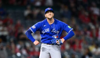 Apr 20, 2026; Anaheim, California, USA; Toronto Blue Jays pitcher Jeff Hoffman (23) reacts after striking out Los Angeles Angels second baseman Adam Frazier (20) during the ninth inning at Angel Stadium. Mandatory Credit: William Liang-Imagn Images