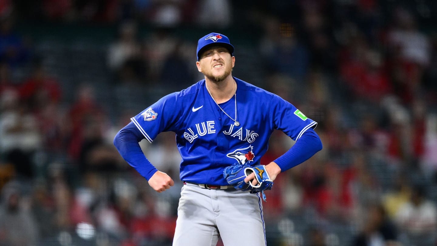Apr 20, 2026; Anaheim, California, USA; Toronto Blue Jays pitcher Jeff Hoffman (23) reacts after striking out Los Angeles Angels second baseman Adam Frazier (20) during the ninth inning at Angel Stadium. Mandatory Credit: William Liang-Imagn Images