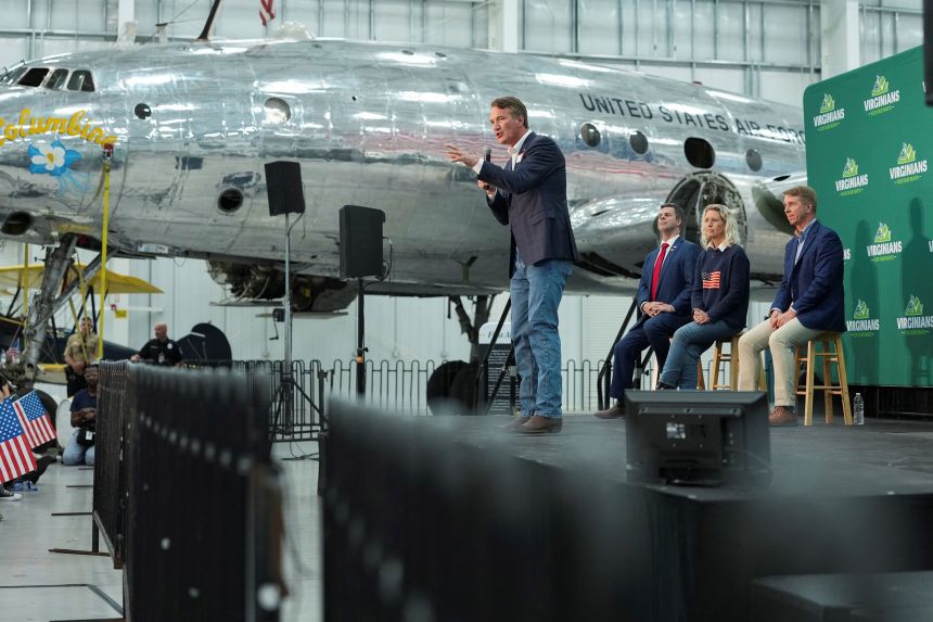 Former Virginia Gov. Glenn Youngkin speaks during a campaign rally in opposition to Virginia Democrats' proposed state redistricting constitutional amendment in Bridgewater, Virginia, on April 11.