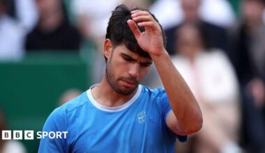 Carlos Alcaraz looking glum faced during the Monte Carlo Masters