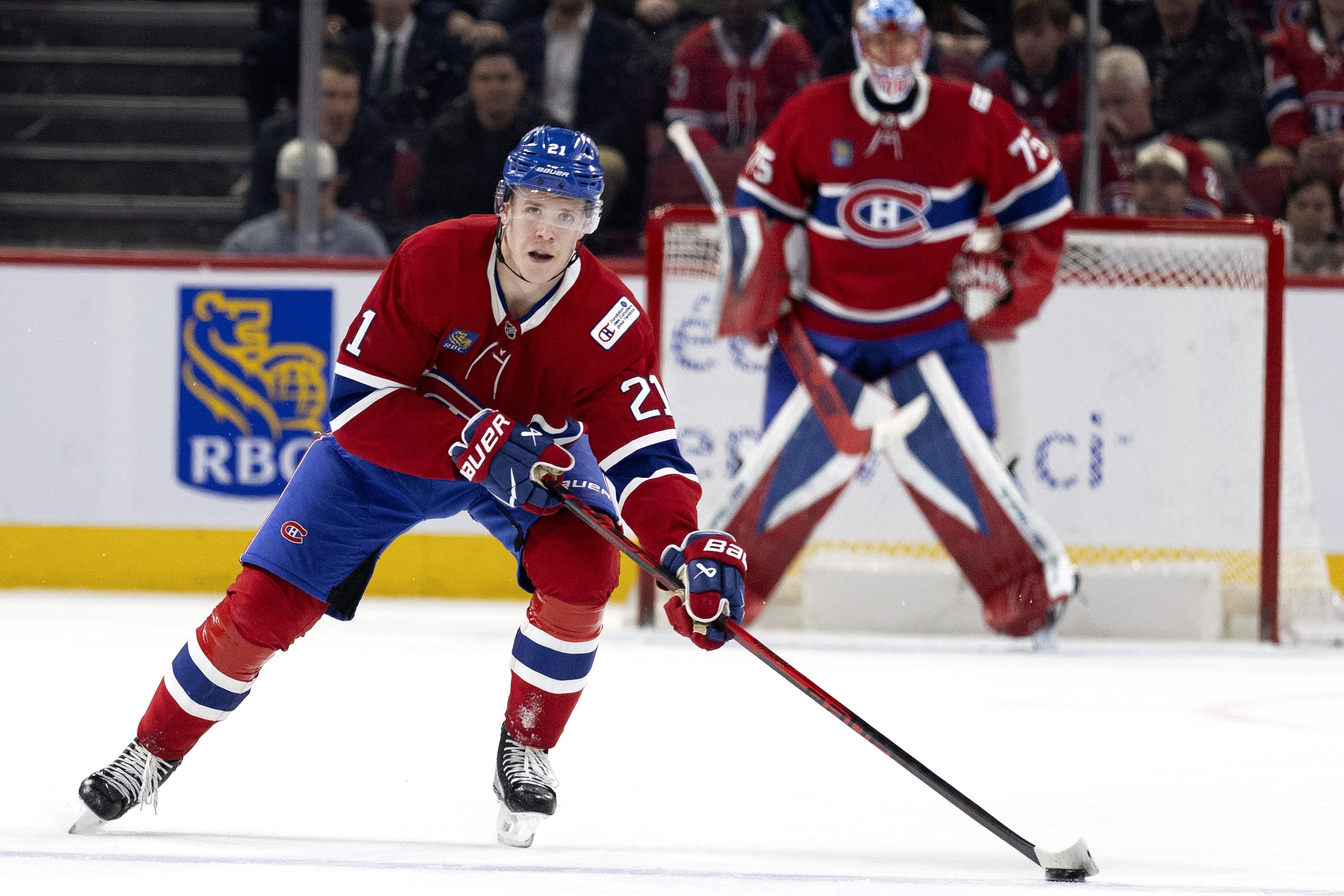 Canadiens defenceman Kaiden Guhle skates against the Boston Bruins in Montreal on March 17, 2026.