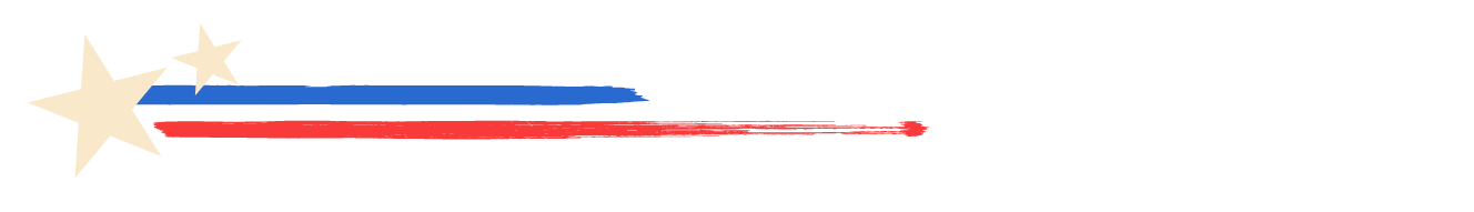 Illustration of two white stars followed by blue and red brush strokes.