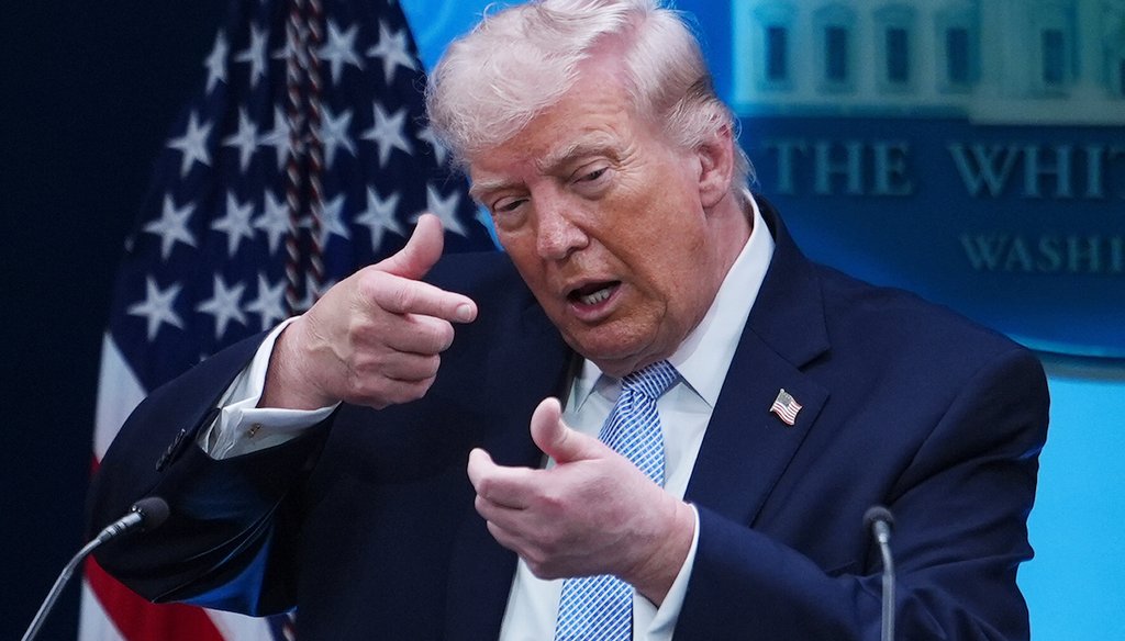 President Donald Trump pretends to aim a sniper gun while speaking with reporters in the James Brady Press Briefing Room at the White House, April 6, 2026, in Washington. (AP)