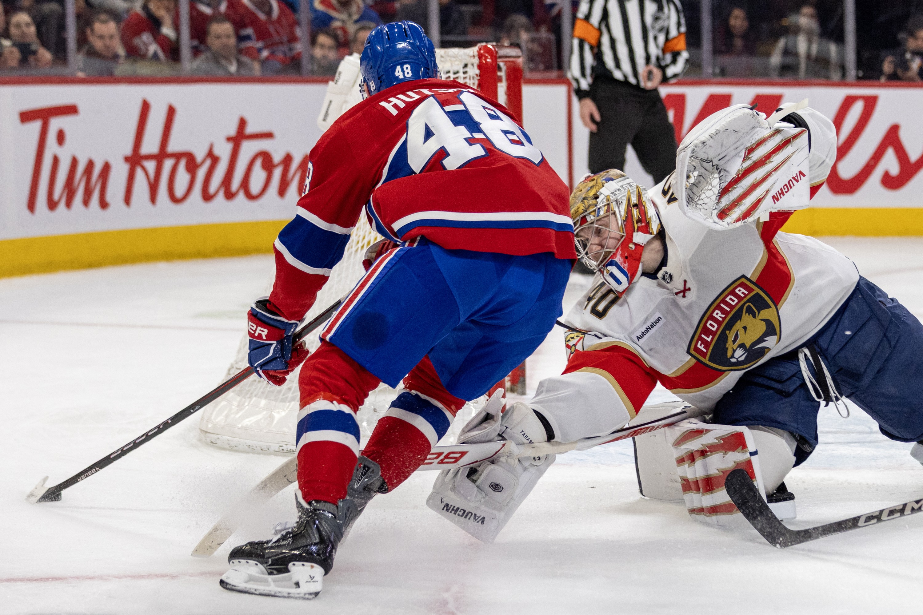 Montreal Canadiens' Lane Hutson takes the puck behind Florida Panthers goalie Danil Tarasov on the side of the net