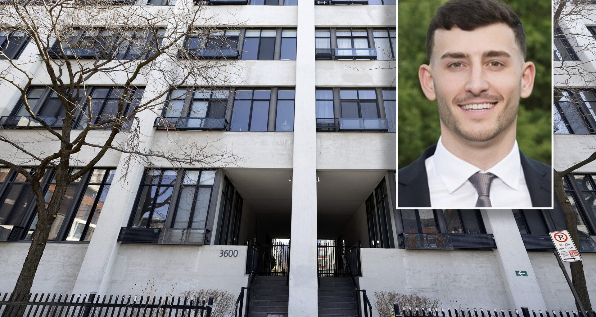 An apartment building front seen from the street, with a photo of a smiling man in a suit inset.