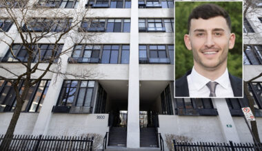An apartment building front seen from the street, with a photo of a smiling man in a suit inset.