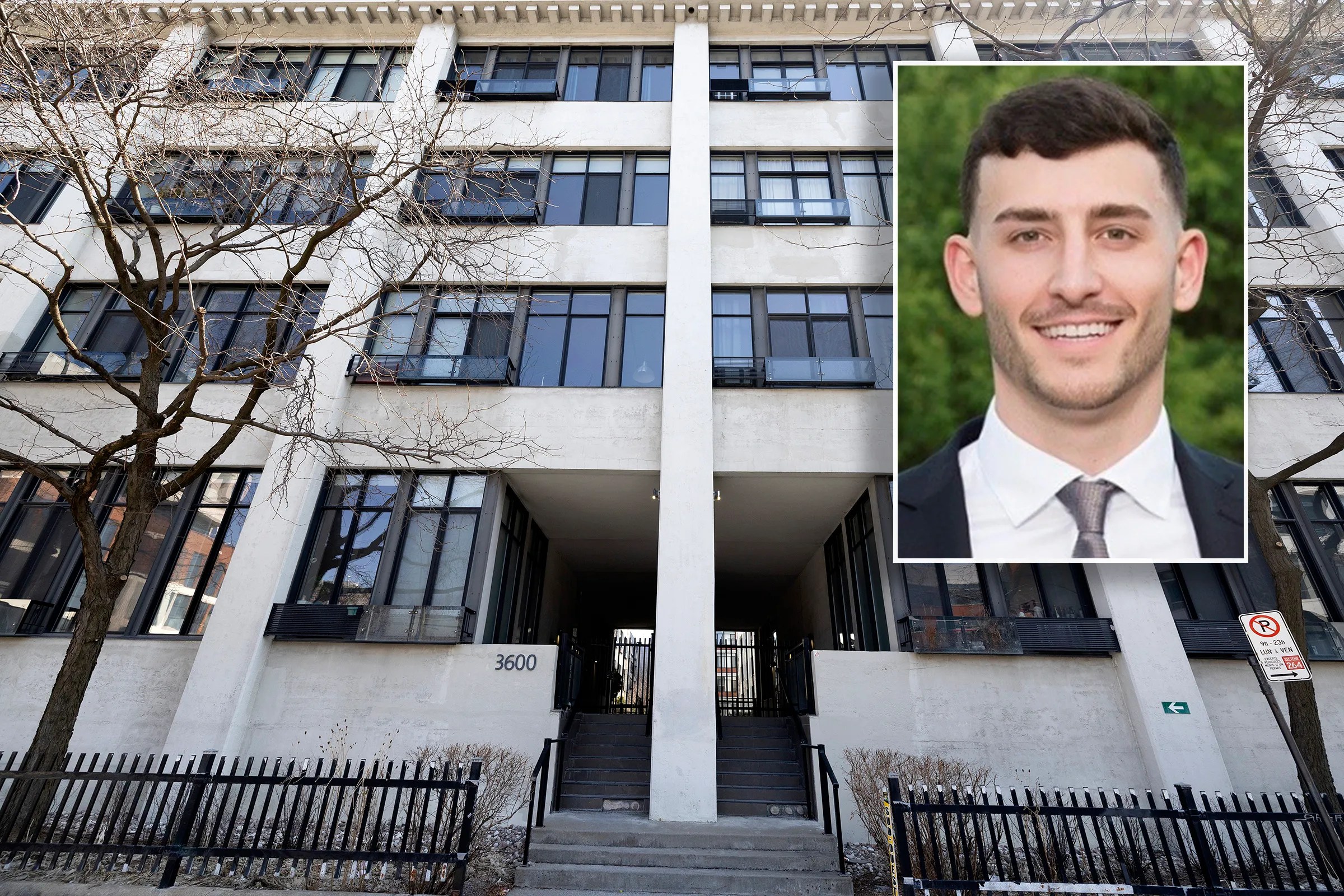 3600 St-Antoine St. W. condos, where Conor Patrick O'Loughlin (inset) was killed, seen in Montreal on Wednesday, April 8, 2026.