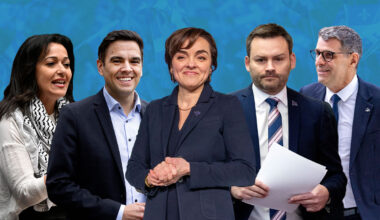 Ruba Ghazal of Québec solidaire, Quebec Liberal Party Leader Charles Milliard, Coalition Avenir Québec Leader Christine Fréchette, Parti Québécois Leader Paul St-Pierre Plamondon and Éric Duhaime, leader of the Conservative Party of Quebec, are seen against a blue backdrop featuring images of the Quebec flag.