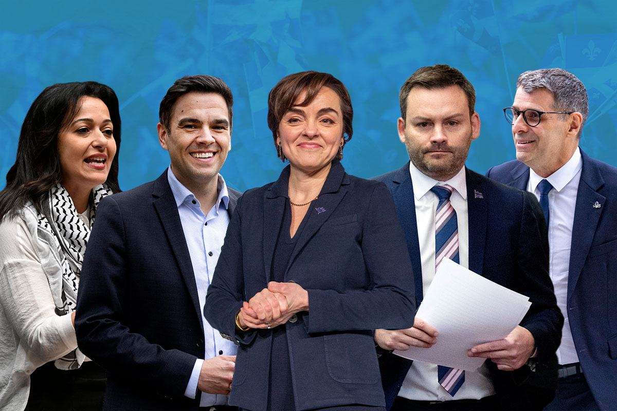 Ruba Ghazal of Québec solidaire, Quebec Liberal Party Leader Charles Milliard, Coalition Avenir Québec Leader Christine Fréchette, Parti Québécois Leader Paul St-Pierre Plamondon and Éric Duhaime, leader of the Conservative Party of Quebec, are seen against a blue backdrop featuring images of the Quebec flag.