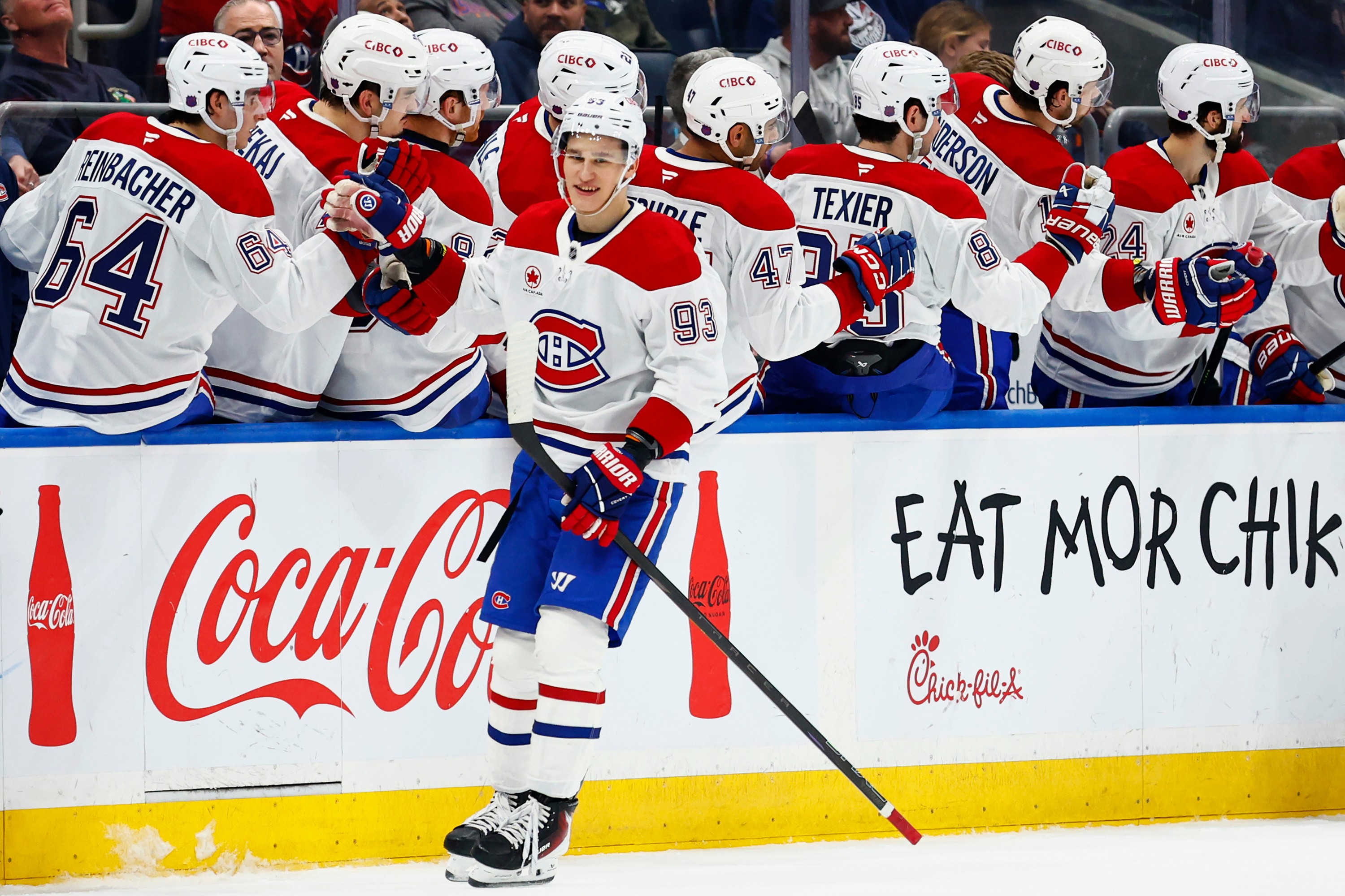 Canadiens winger Ivan Demidov is congratulated by teammates after scoring a goal against the  Islanders during the second period Sunday in Elmont, N.Y.