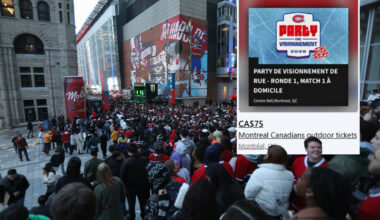 A photo of fans at a watch party outside the Bell Centre is juxtaposed with the listing for a ticket for such an event being resold for $75.