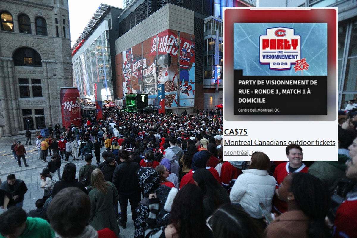 A photo of fans at a watch party outside the Bell Centre is juxtaposed with the listing for a ticket for such an event being resold for $75.