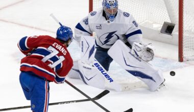 Tampa Bay Lightning goalie Andrei Vasilevskiy, stopping Canadiens' Jake Evans in Montreal on April 9, has a career 16-5-2 regular-season record against the Canadiens and a career .918 save percentage in the playoffs.