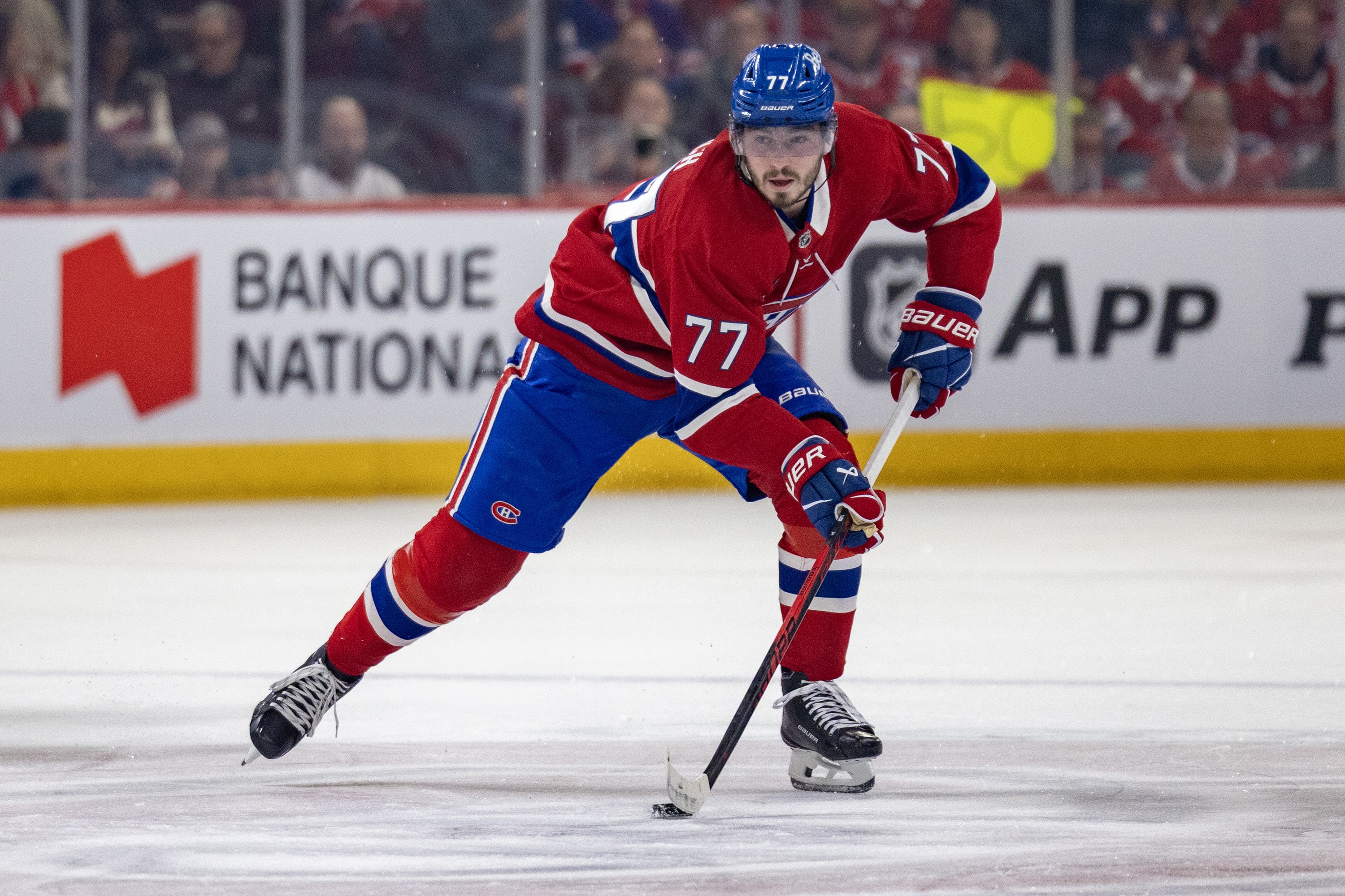 Canadiens forward Kirby Dach advances the puck past centre ice during the first period against the Florida Panthers in Montreal on April 7, 2026.