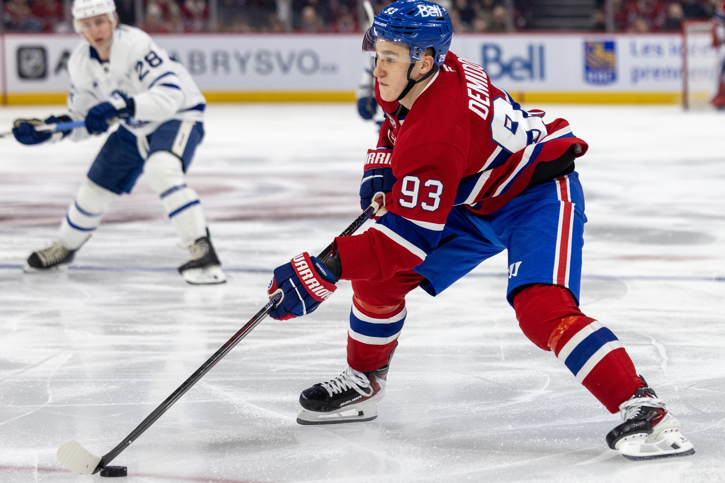 Canadiens winger Ivan Demidov carries puck into the Toronto Maple Leafs' zone during third period in Montreal on March 10.