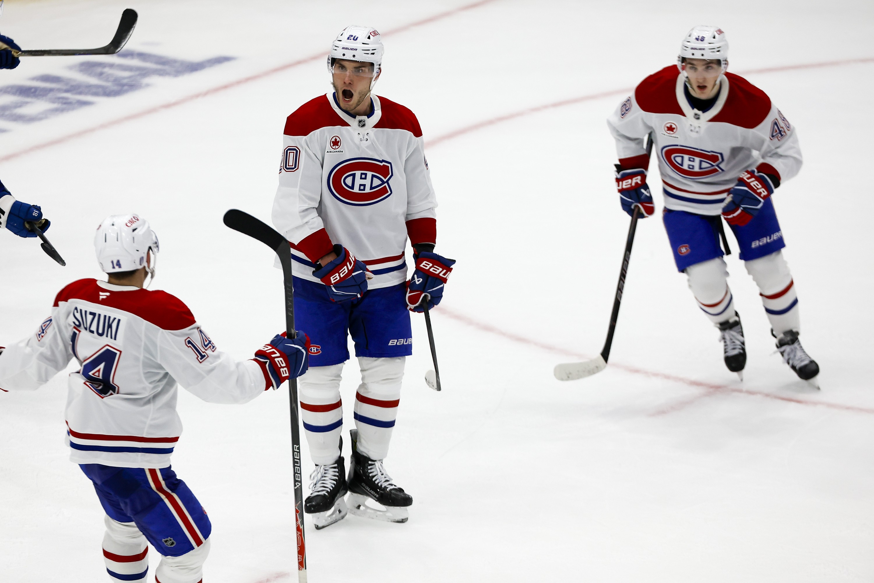 Montreal Canadiens left wing Juraj Slafkovsky celebrates a goal.