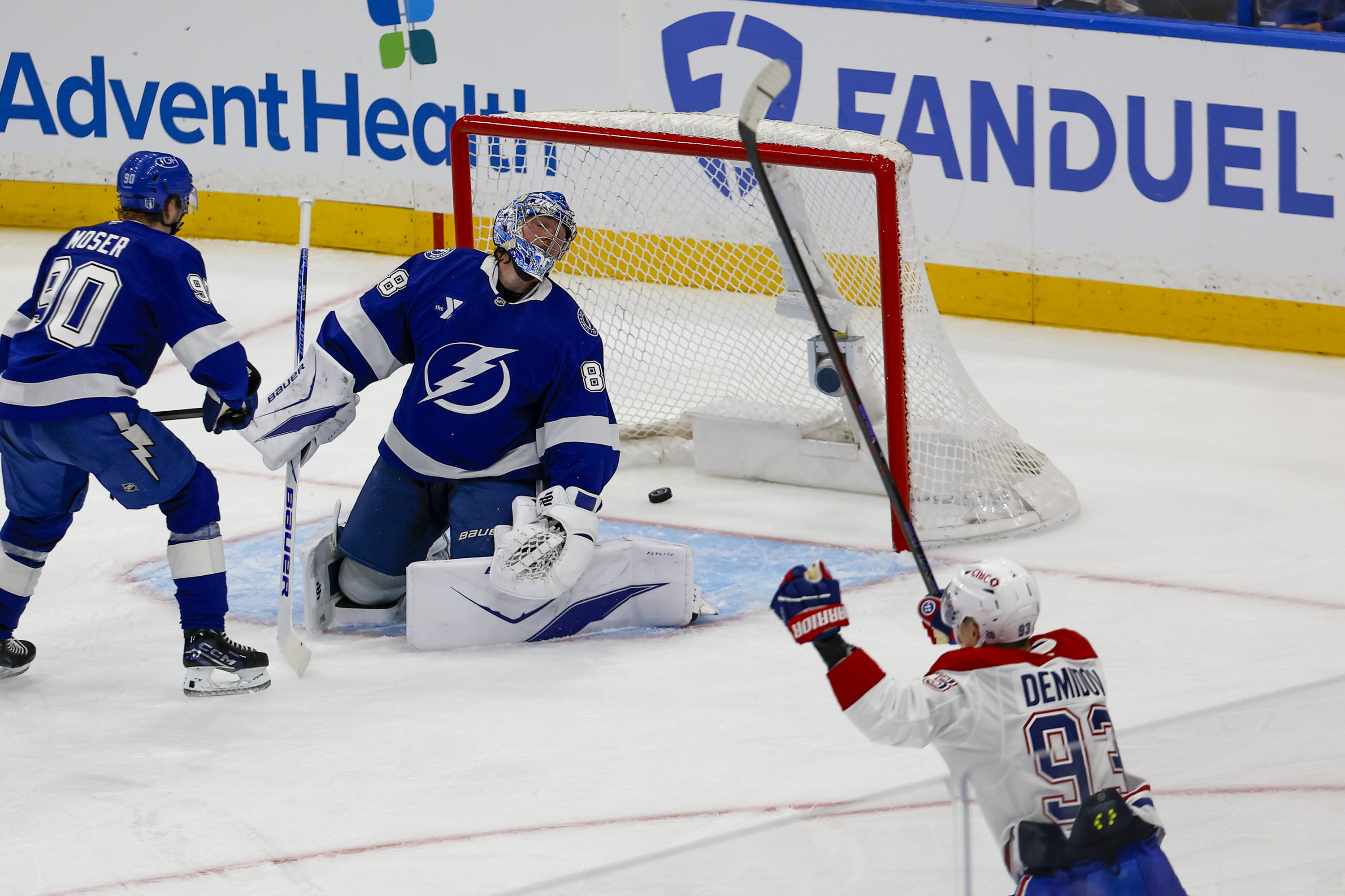 Tampa Bay Lightning goaltender Andrei Vasilevskiy reacts after the Montreal Canadiens' puck gets in his net.