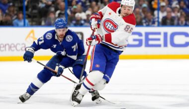 Lightning centre Anthony Cirelli trips Canadiens winger Alexandre Texier during the first period of Game 2 on Tuesday in Tampa, Fla.