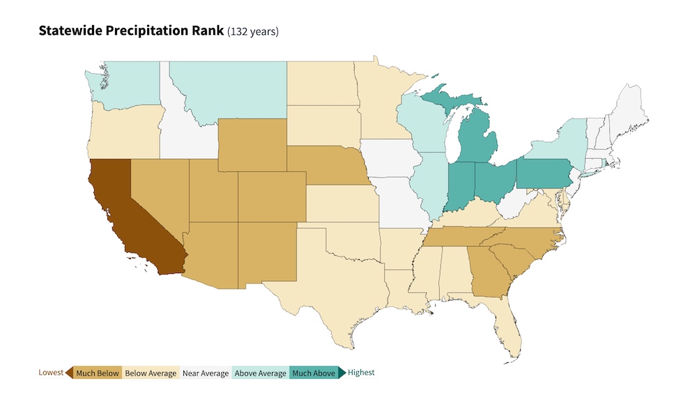 A map showing that many states were well below average precipitation in March.