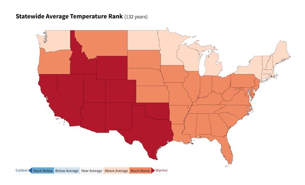 A map showing that all U.S. states were above average in March 2026. The Southwestern U.S. and southern plains were extremely warm