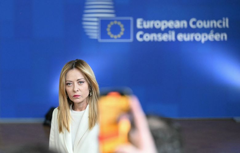 Italy's Prime Minister Giorgia Meloni arrives for a press conference during the EU Summit in Brussels, on March 19, 2026.