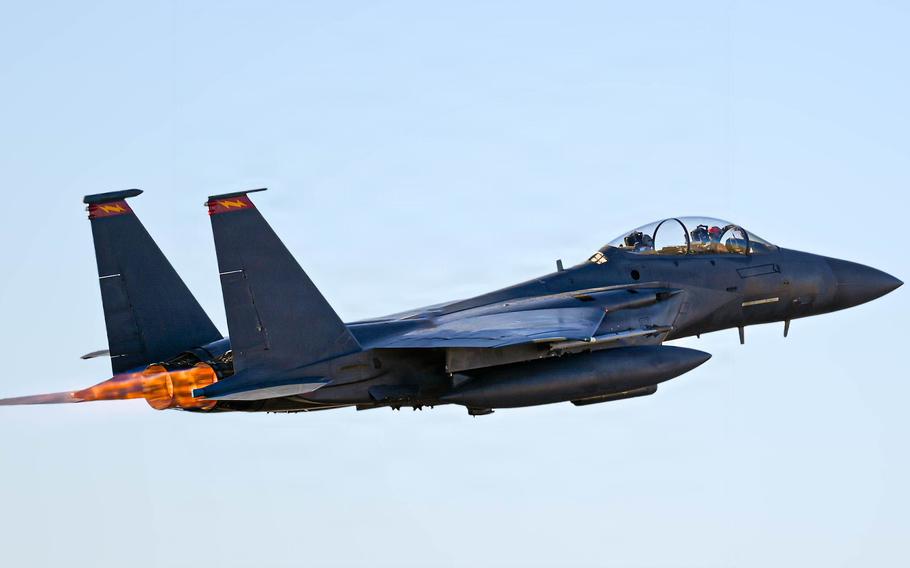 An F-15E Strike Eagle takes off for a combat flight during Operation Epic Fury on March 16, 2026.