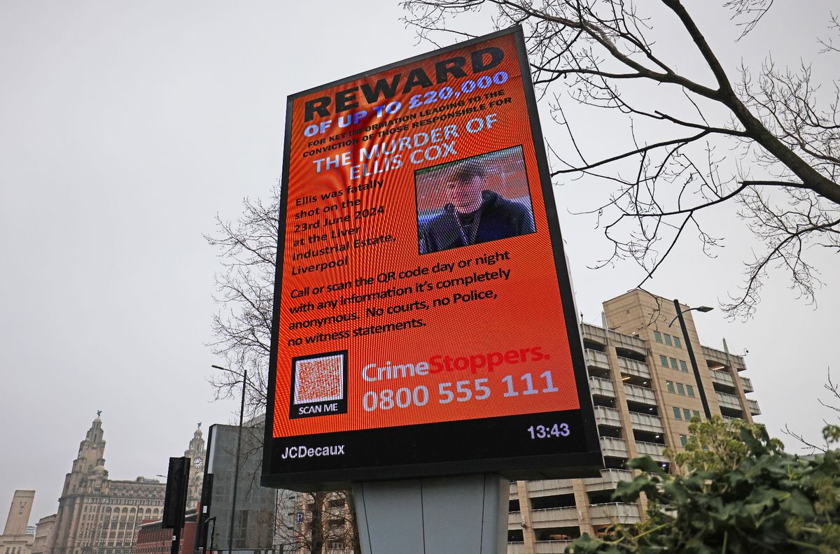 The Crimestoppers appeal for Ellis Cox on Liverpool city centre screens earlier this year