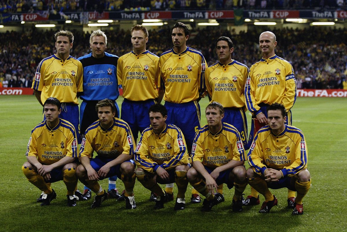 The Southampton team lineup for a photo before the FA Cup Final between Arsenal and Southampton on May 17, 2003 at the Millennium Stadium in Cardiff, Wales.
