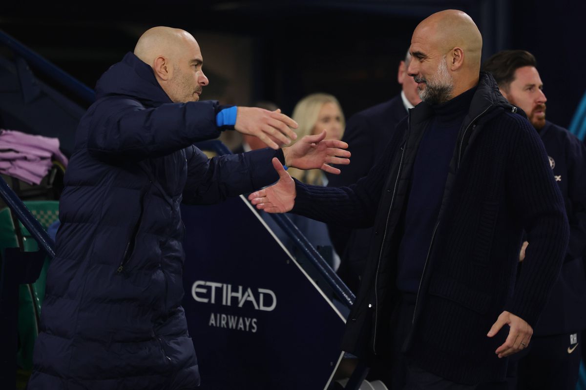 Manchester City Manager Pep Guardiola with Chelsea Manager Enzo Maresca  during the Premier League match between Manchester City FC and Chelsea FC at Etihad Stadium on January 25, 2025 in Manchester, England