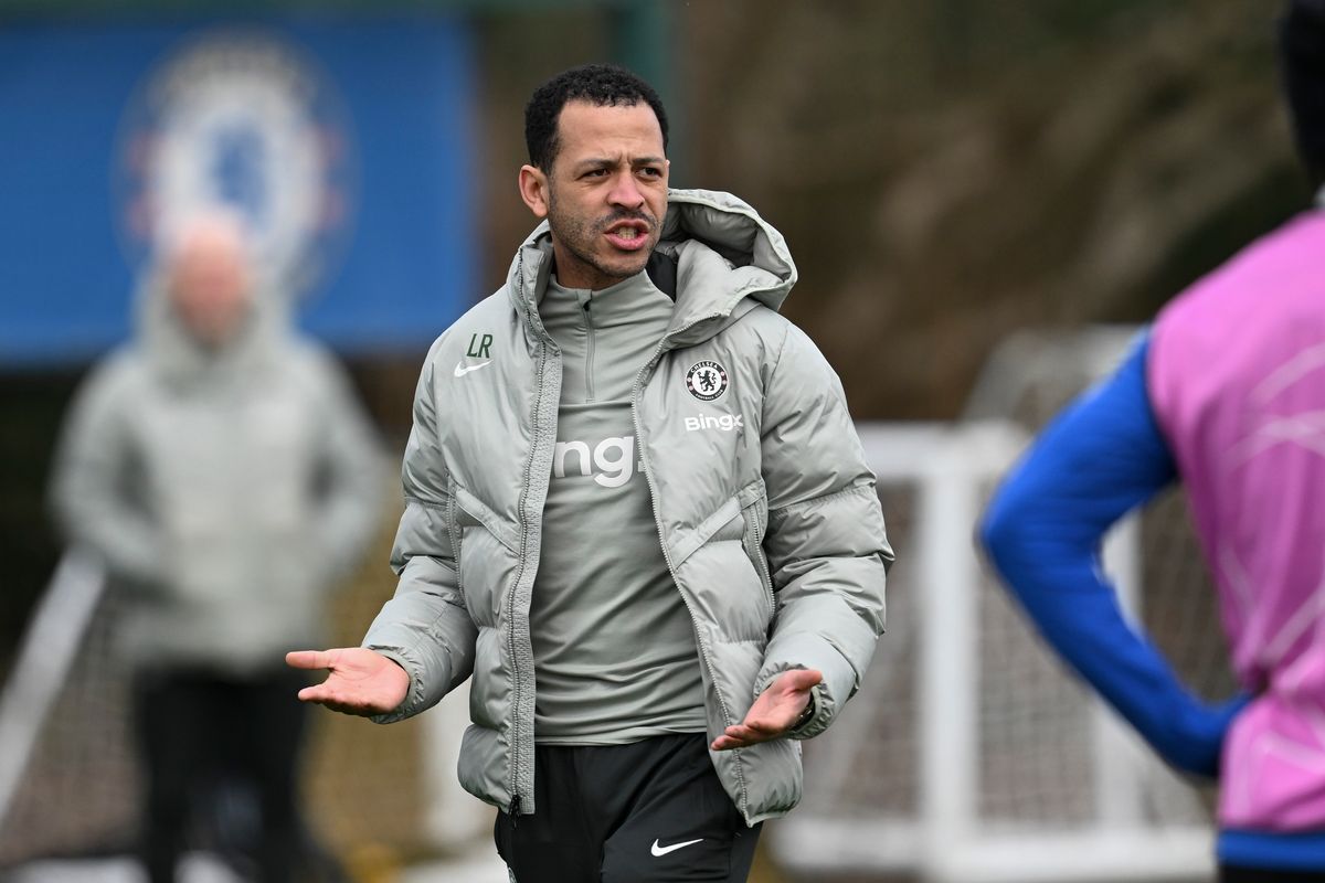 Head Coach Liam Rosenior of Chelsea during a training session at Chelsea Training Ground on March 10, 2026 in Cobham, England