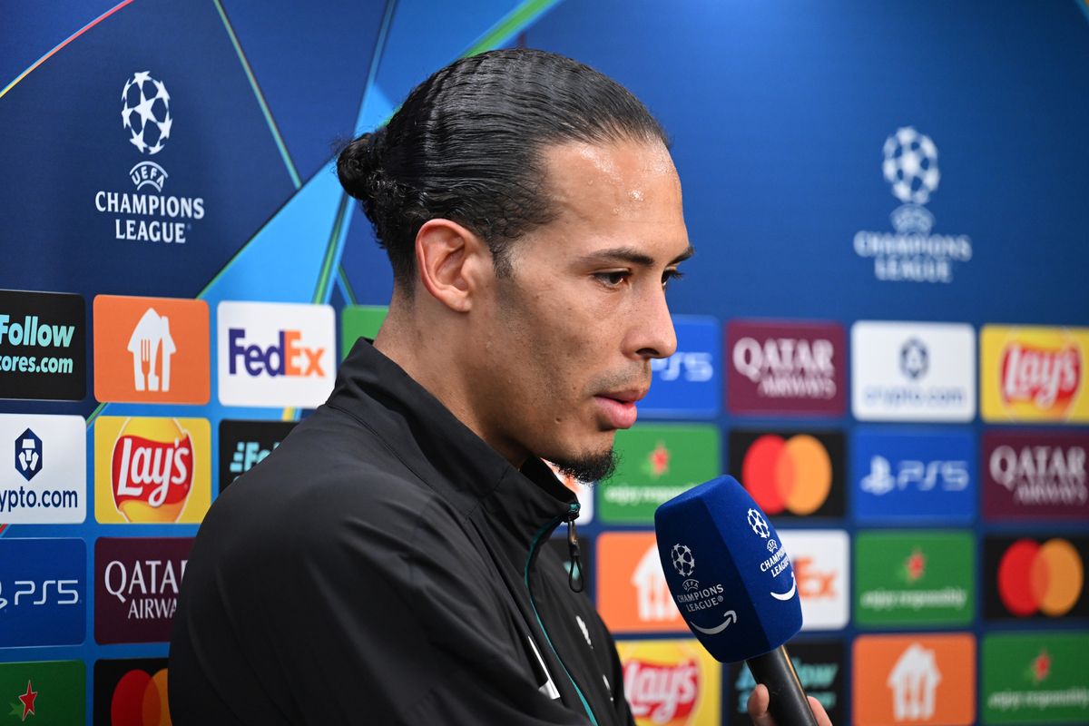 PARIS, FRANCE - APRIL 08: Virgil van Dijk of Liverpool speaks to the media in a post match flash interview after the UEFA Champions League 2025/26 Quarter-Final First Leg match between Paris Saint-Germain FC and Liverpool FC at Parc des Princes on April 08, 2026 in Paris, France. (Photo by Stuart Franklin - UEFA/UEFA via Getty Images)