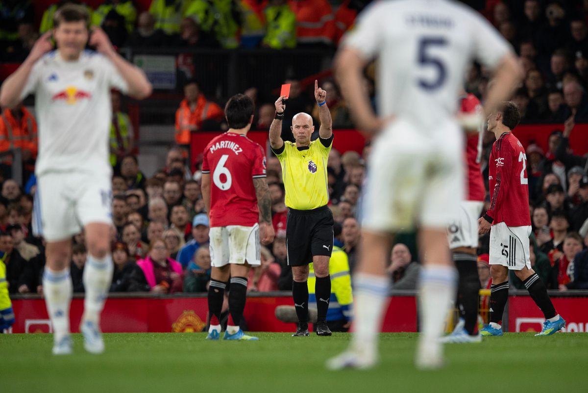 Lisandro Martinez is shown a red card during Manchester United's 2-1 defeat to Leeds