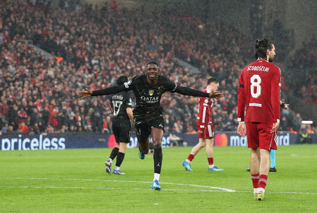 Ousmane Dembele of Paris Saint-Germain celebrates scoring his team's first goal during the UEFA Champions League 2025/26 Quarter-Final Second Leg match between Liverpool FC and Paris Saint-Germain FC