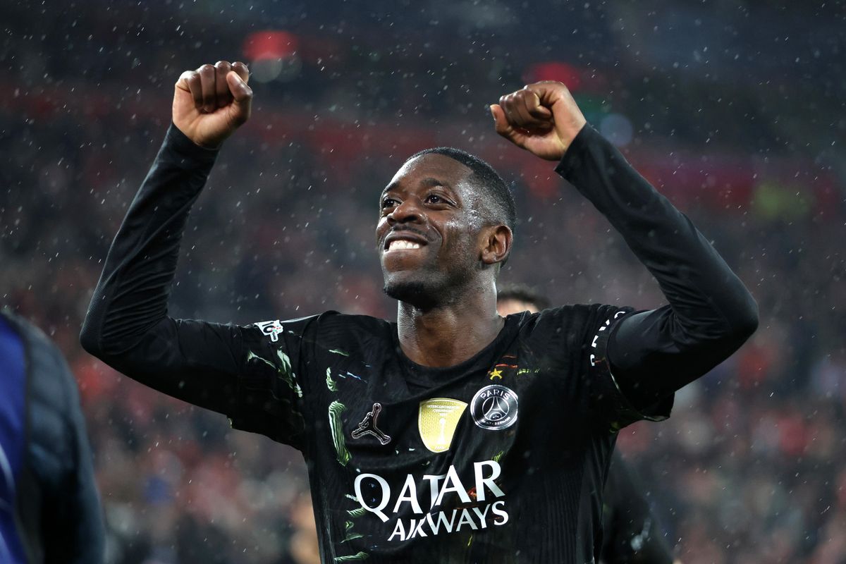 LIVERPOOL, ENGLAND - APRIL 14: Ousmane Dembélé #10 of Paris Saint-Germain celebrates his second goal during the UEFA Champions League 2025/26 Quarter-Final Second Leg match between Liverpool FC and Paris Saint-Germain at Anfield on April 14, 2026 in Liverpool, England. (Photo by Xavier Laine/Getty Images)