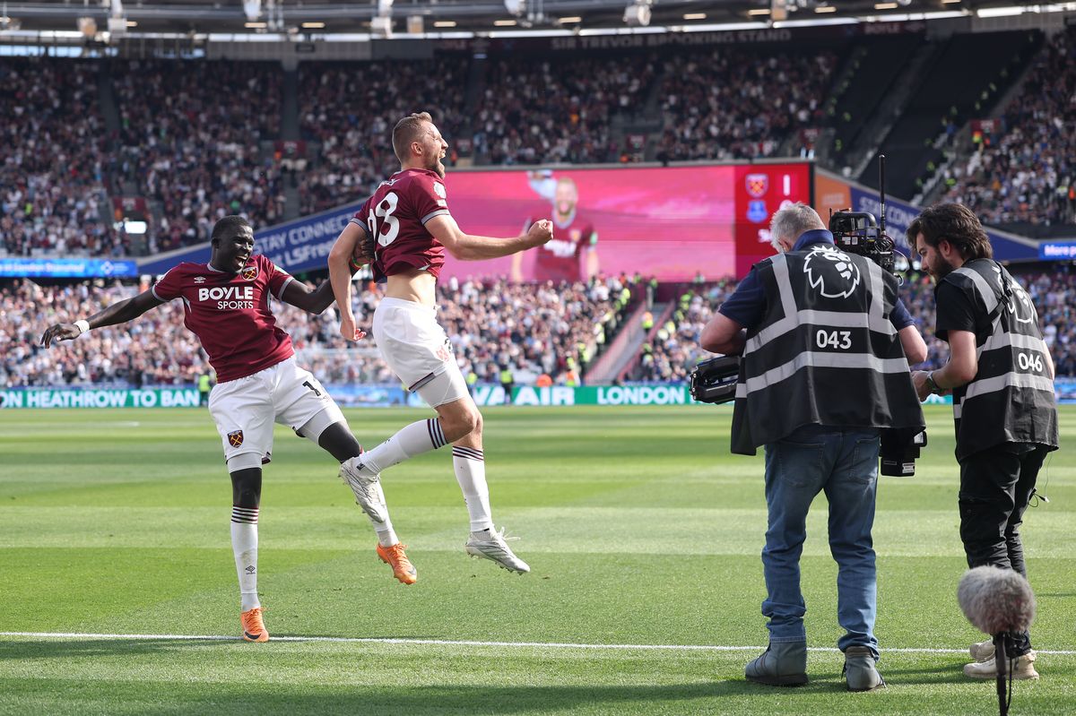 Tomas Soucek revels in the moment after scoring for West Ham against Everton