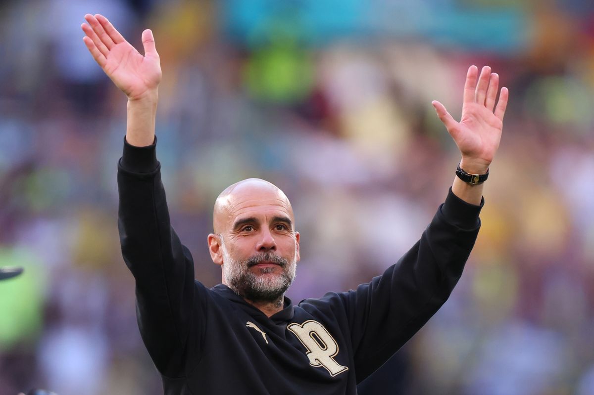 Pep Guardiola celebrates at Wembley
