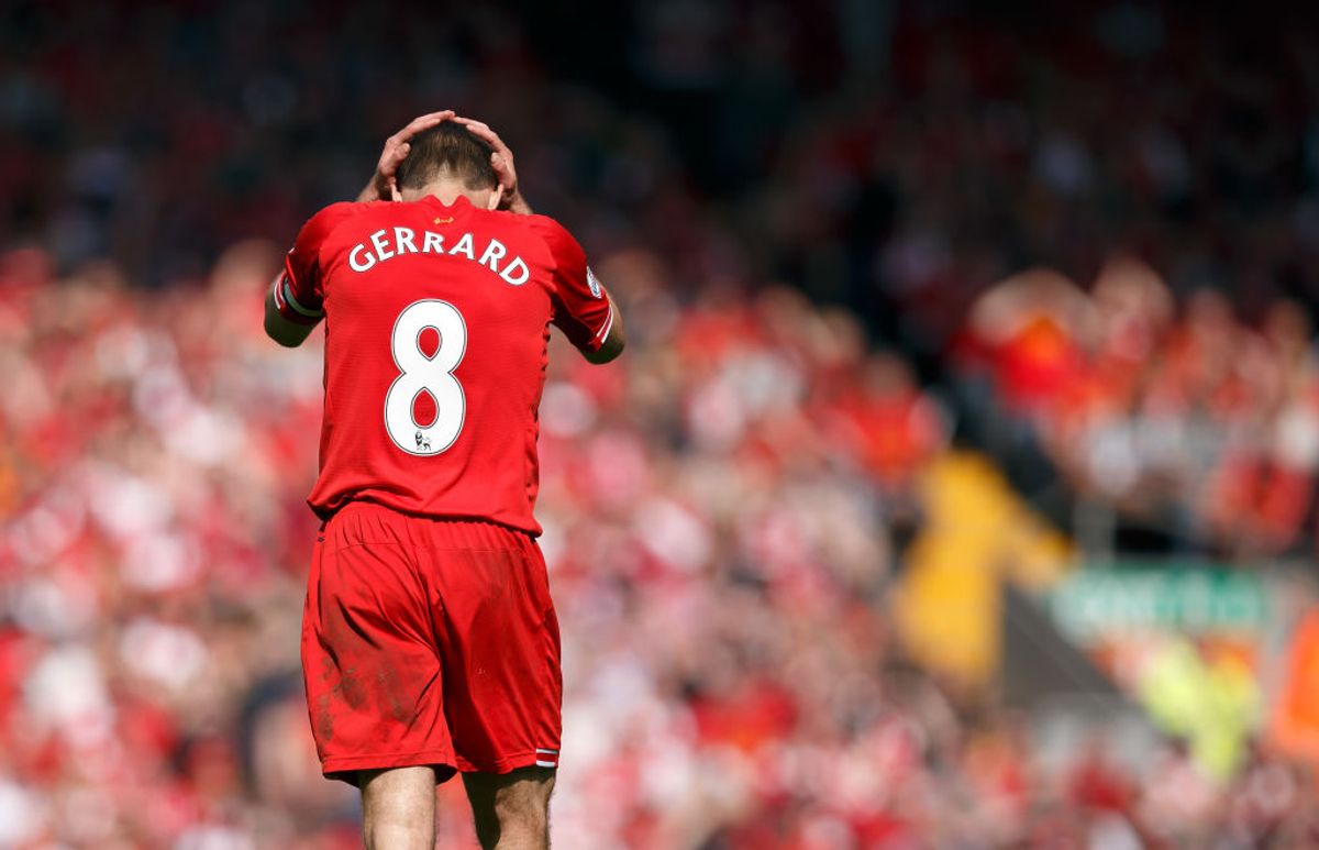 A dejected Steven Gerrard of Liverpool after his slip vs Chelsea in 2014